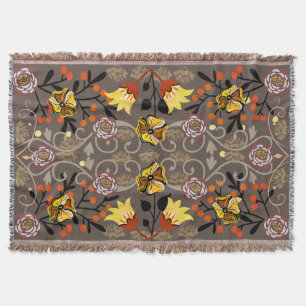 Vintage Guld Rulla Gula blommor Bronze Blommigt Filt