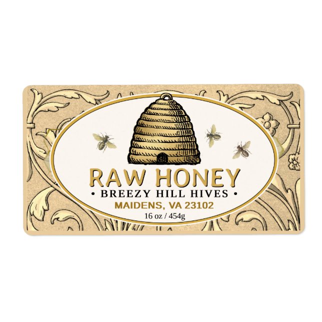 Vintage Guld Skep med honungsbin Rectangle Honung Fraktsedel (Framsidan)
