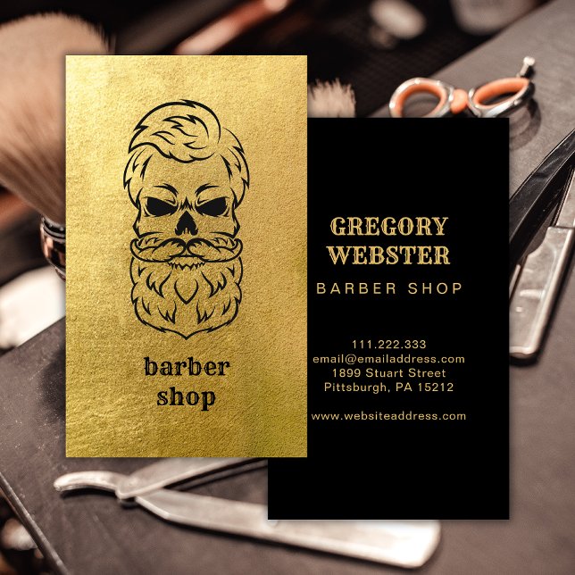Vintage Guld Skull Barber Shop Visitkort (Skapare uppladdad)