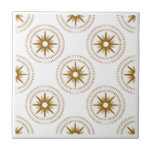 Vintage Guld Starburst Medallion Patternon Kakelplatta<br><div class="desc">Ett modernt geometriskt mönster i vintagens gyllene stjärnor, som var och en var centrerad i en komplimentär sparsam medallion, en modern skvot på en retrodesign. Enkel, ren och modern design i en guld och vit färg palett. Skapa din egen anpassningsbar mönster genom att ladda upp en ny bild eller använda...</div>