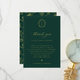 Vintage Guld Vapensköld Emerald Wedding Reception  Tack Kort