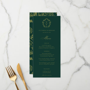 Vintage Guld Vapensköld Monogram Blommigt Bröllop Meny