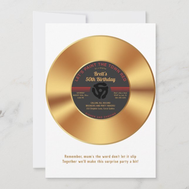 Vintage Guld Vinyl 45 Registrerar överraskande föd Inbjudningar (Framsida)