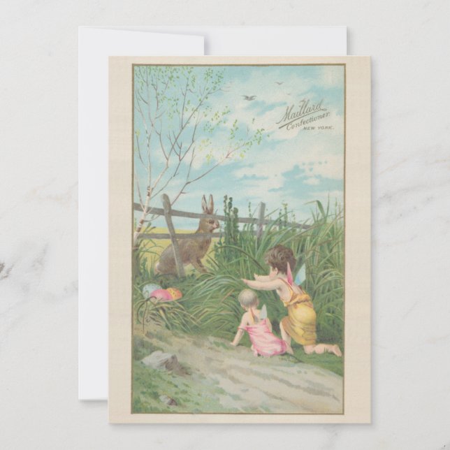 Vintage gullgossar påskhare ägg julkort (Framsida)