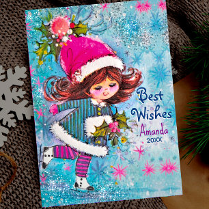 Vintage, gullig flicka blå glitter jul hälsning julkort