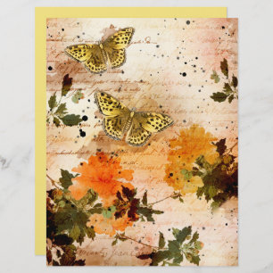Vintage Gult Butterflulies Blommigt Scrapbook Papp