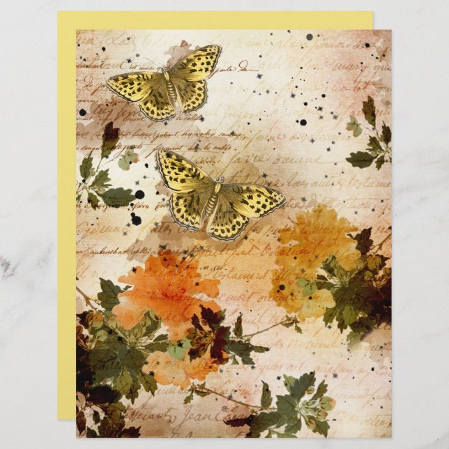 Vintage Gult Butterflulies Blommigt Scrapbook Papp (Fram/baksida)