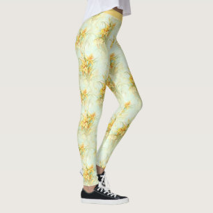 Vintage Gult Daffodil Blommigt Flower Yoga Leggings