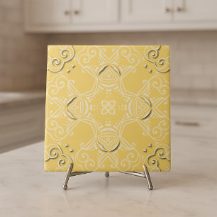 Vintage Gult Damask Baroque Antique Mönster Kakelplatta