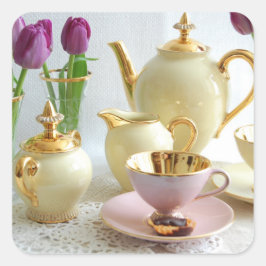 Vintage gult, guld och rosa Tea/Koffeklistermärken Fyrkantigt Klistermärke