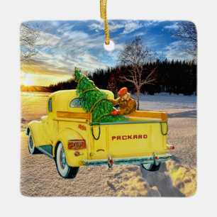 VINTAGE GULT LASTBIL i SNÖ Julgransprydnad Keramik