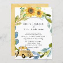 Vintage Gult Lastbil Solblommor Blue Bröllop Invit