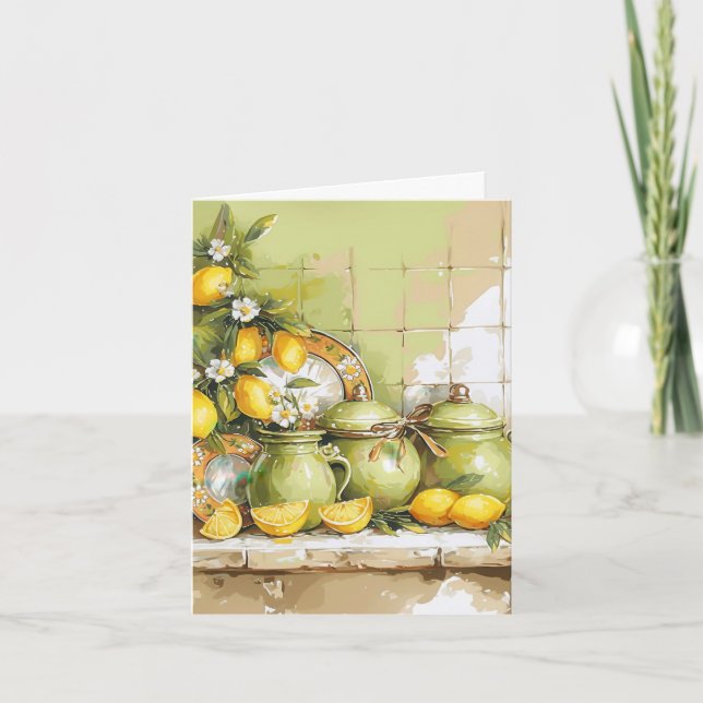 Vintage Gult Lemon Kitchen Blommigt Blank Anteckningskort (Framsida)