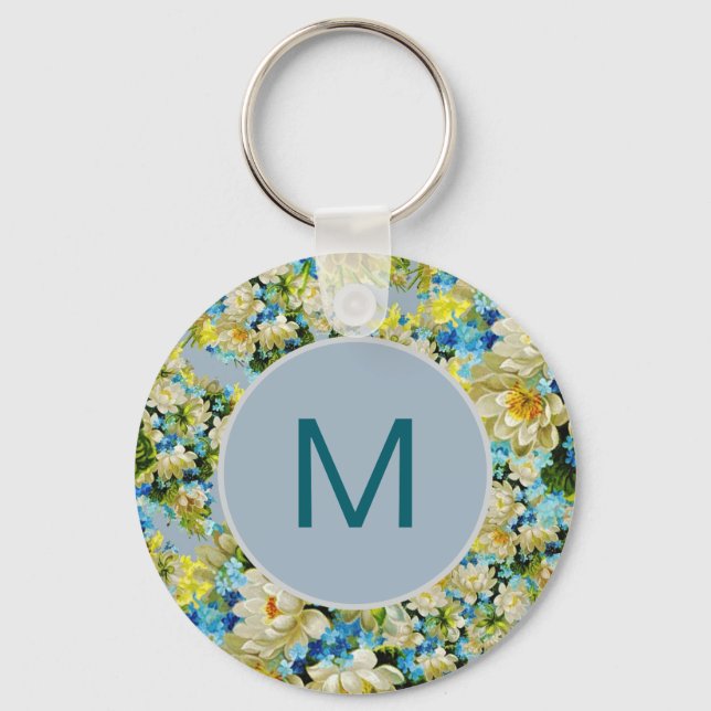 Vintage gult och blått blomster Mönster monogram Nyckelring (Framsida)