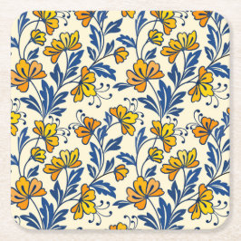 Vintage Gult Orange Folk Blommig Blå Blad Underlägg Papper Kvadrat