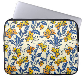 Vintage Gult Orange Folk Floral Blått Blad Laptop Fodral