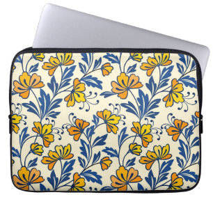 Vintage Gult Orange Folk Floral Blått Blad Laptop Fodral