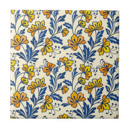 Vintage Gult Orange Folk Floral Blått Löv Kakelplatta