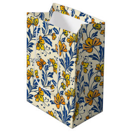 Vintage gult orange folkloralt blommotiv i blått b