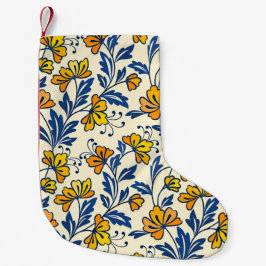 Vintage gult orange folkloralt blommotiv i blått b liten julstrumpa