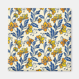 Vintage gult orange folkloralt blommotiv i blått b magnet