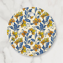Vintage gult orange folkloristiskt blommotiv i blå gåvor etiketter
