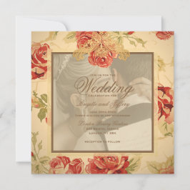Vintage gult spara vid röd ros personligt bröllp inbjudningar