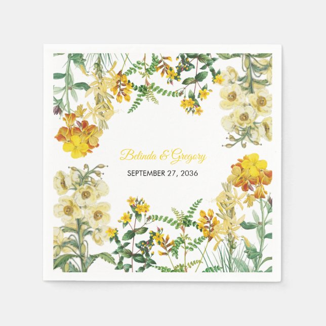 Vintage Gult Vattenfärgad Blommigt Botaniskt Bröll Pappersservett (Framsidan)