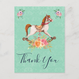 Vintage Gunghäst och Blomsterbukett Tack Vykort