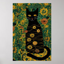 Vintage Gustav Klimt Black Cat I Blomsterträdgård Poster