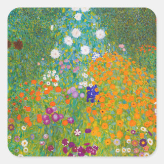 Vintage Gustav Klimt stugträdgård blommig konst Fyrkantigt Klistermärke