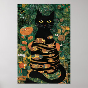 Vintage Gustav Klimt Svart Katt I en Blomsterträdg Poster