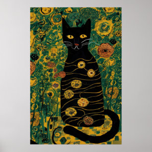 Vintage Gustav Klimt Svart Katt I en Blomsterträdg Poster