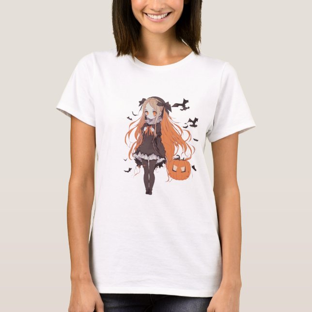 Vintage Halloween Anime Flicka med fladdermöss T Shirt (Framsida)