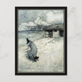 Vintage Halloween Arthur Rackham Witch + Black Cat Vykort