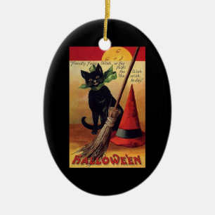 Vintage Halloween av Ellen Clapsaddle, Black Cat Julgransprydnad Keramik