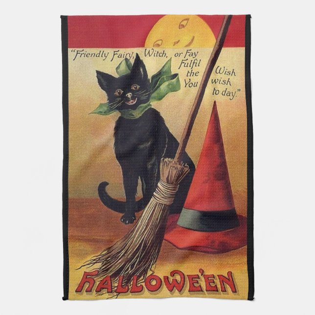 Vintage Halloween av Ellen Clapsaddle, Black Cat Kökshandduk (Vertikal)