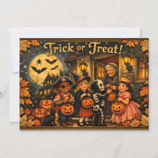 Vintage Halloween barn i kostymer Julkort
