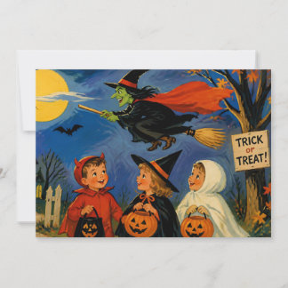 Vintage Halloween barn och flygande häxa Julkort