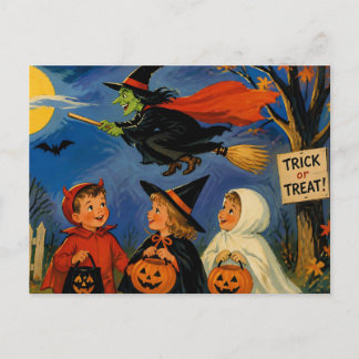 Vintage Halloween barn och flygande häxa Vykort
