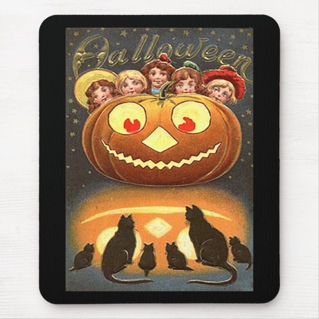 Vintage Halloween Barn och katter Musmatta (Framsidan)