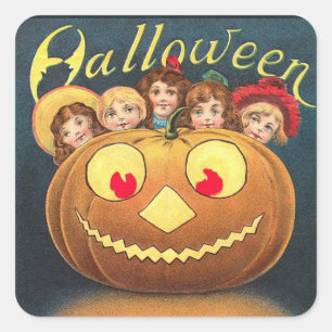 Vintage Halloween Barn som Gömmer bakom Pumpkin Fyrkantigt Klistermärke