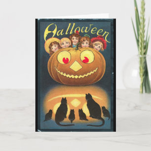Vintage Halloween Barn som Gömmer bakom Pumpkin Kort