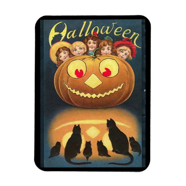Vintage Halloween Barn som Gömmer bakom Pumpkin Magnet (Vertikal)
