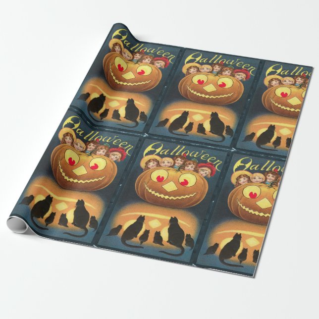 Vintage Halloween Barn som Gömmer bakom Pumpkin Presentpapper (Utrullad)