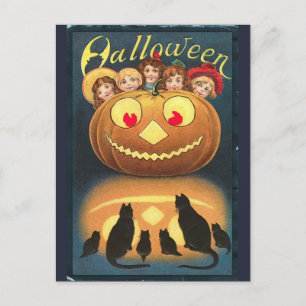 Vintage Halloween Barn som Gömmer bakom Pumpkin Vykort