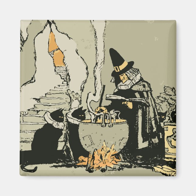 Vintage Halloween, beck med Cauldron och katter Magnet (Framsidan)