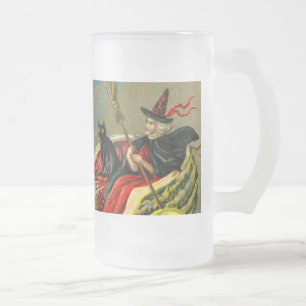 Vintage Halloween Black Cat and Witch Frostat Ölglas