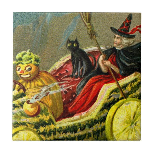 Vintage Halloween Black Cat and Witch Kakelplatta (Framsidan)