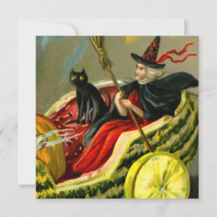 Vintage Halloween Black Cat and Witch Kort